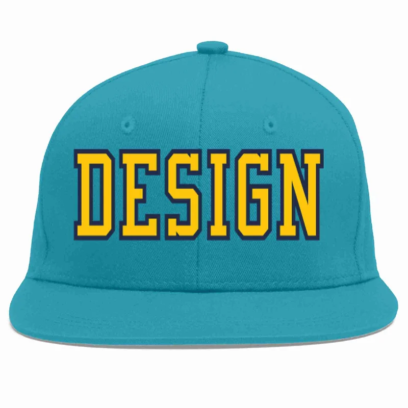 Baseball Cap For Personalized Gifts-Custom Aqua Gold-Navy Flat Eaves Sport Baseball Cap Design for Men/Women/Youth