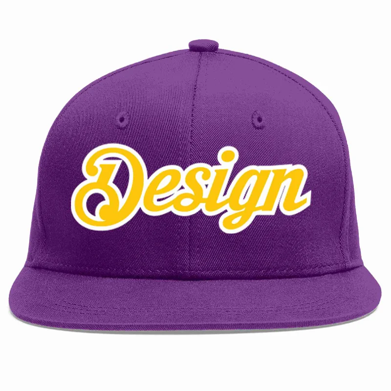 Baseball Cap For Family And Group Orders-Custom Purple Gold-White Flat Eaves Sport Baseball Cap Design for Men/Women/Youth