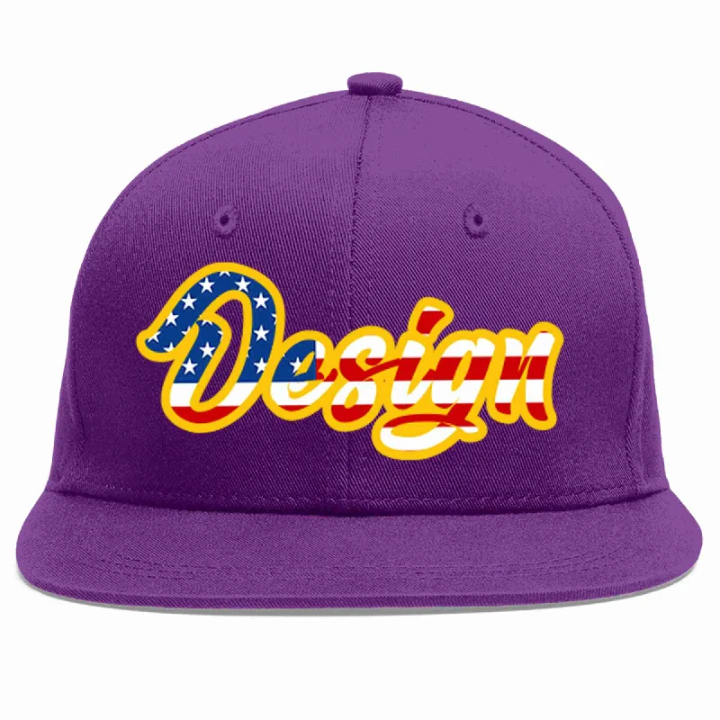 Baseball Cap For Custom League Apparel-Custom Purple Vintage USA Flag-Gold Flat Eaves Sport Baseball Cap Design for Men/Women/Youth