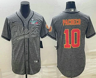 Baseball Jersey For Tournament Fan Gear-Men's Kansas City Chiefs #10 Isiah Pacheco Grey With Super Bowl LVII Patch Cool Base Stitched Baseball Jersey