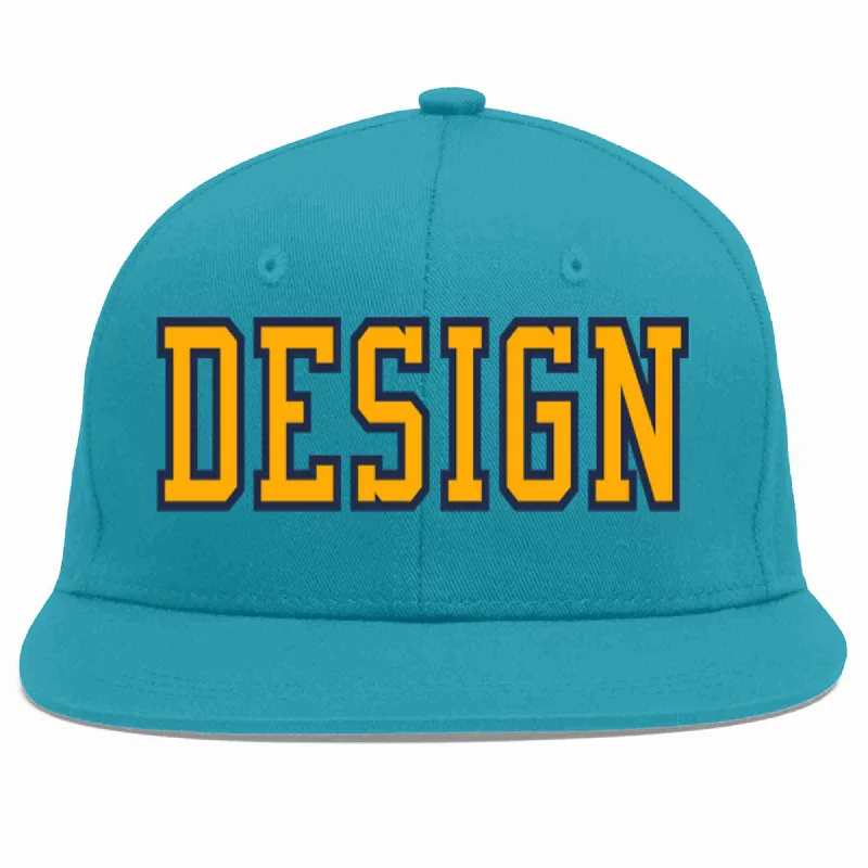 Baseball Cap With Personalized Embroidery-Custom Aqua Gold-Navy Flat Eaves Sport Baseball Cap Design for Men/Women/Youth