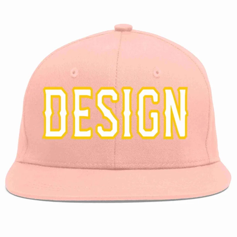 Baseball Cap With Custom Logo Embroidery-Custom Pink White-Gold Flat Eaves Sport Baseball Cap Design for Men/Women/Youth