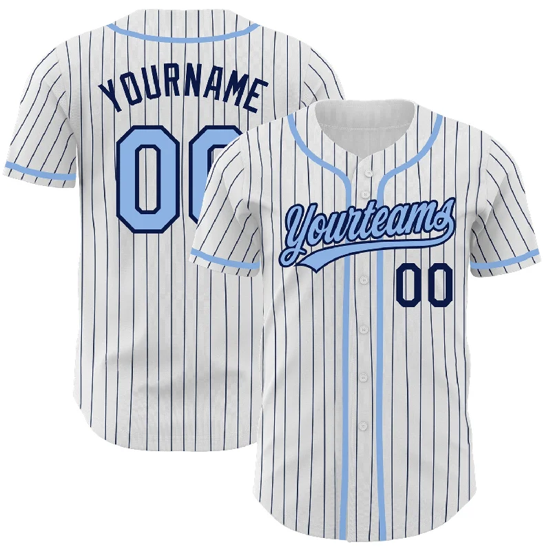 Baseball Jersey For Official Sports Events-Custom White Navy Pinstripe Light Blue Authentic Baseball Jersey