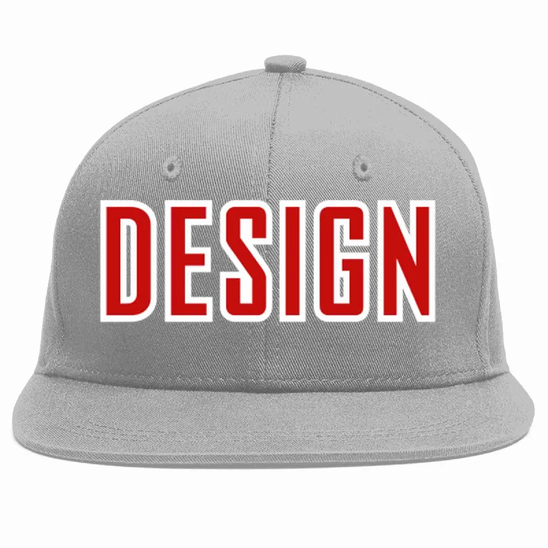 Baseball Cap For Outdoor Activities And Sports-Custom Gray Red-White Flat Eaves Sport Baseball Cap Design for Men/Women/Youth