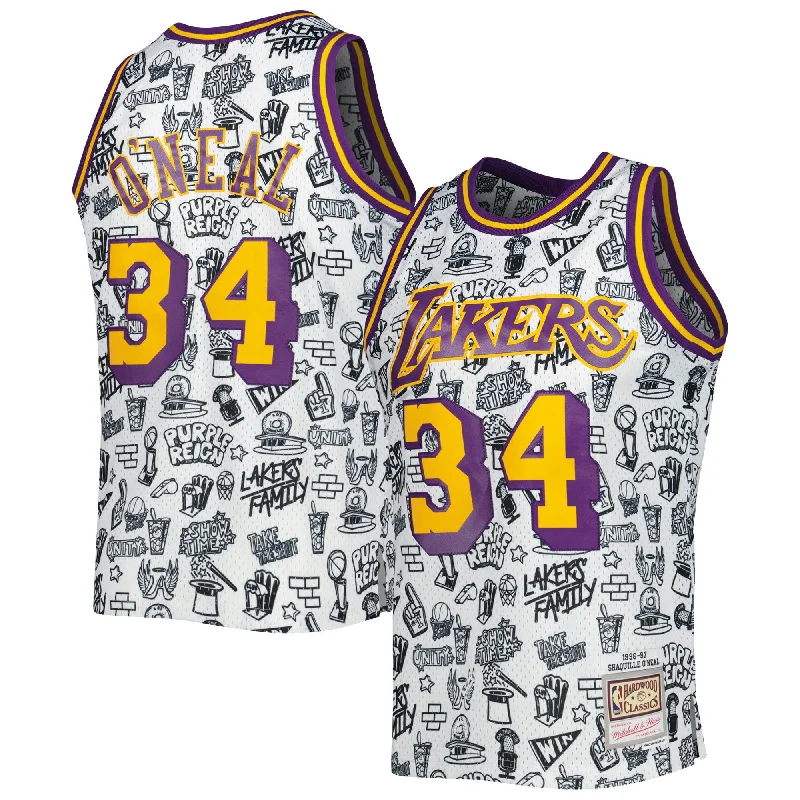 Basketball Jersey For Fan Apparel Customization-Shaquille O'neal Los Angeles Lakers 1996/97 Hardwood Classics Doodle Swingman Basketball Jersey - White