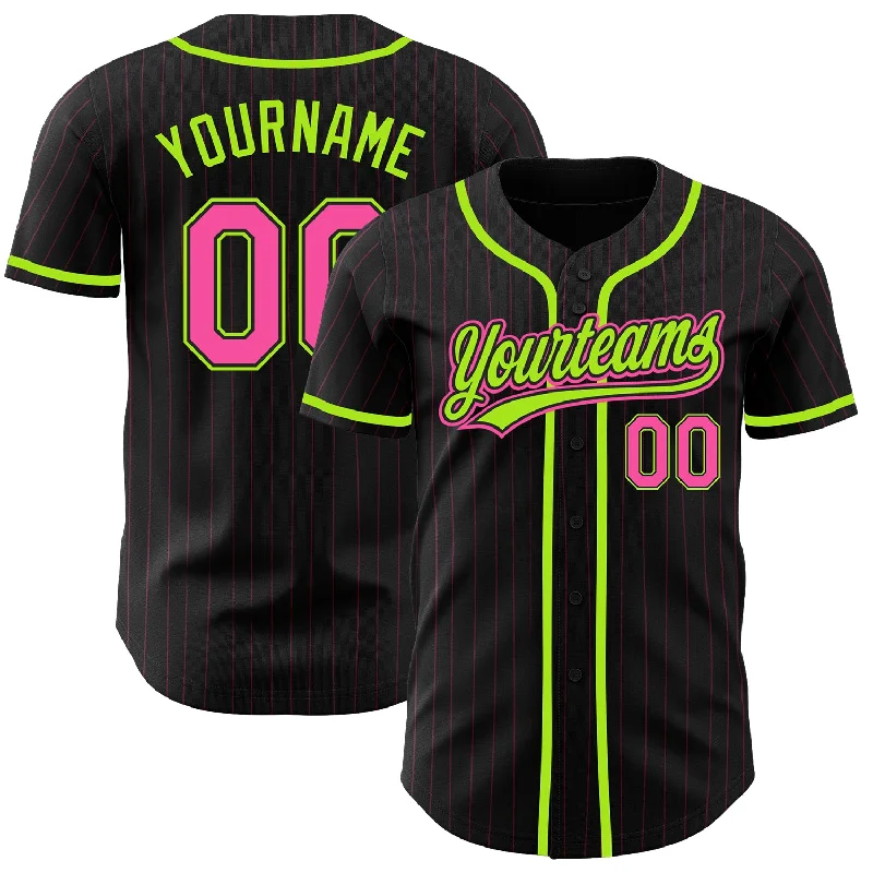 Baseball Jersey With Personalized Graphics-Custom Black Pink Pinstripe Pink-Neon Green Authentic Baseball Jersey