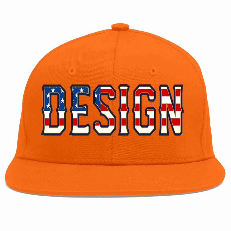 Baseball Cap For Summer Wear-Custom Orange Vintage USA Flag-Gold Flat Eaves Sport Baseball Cap Design for Men/Women/Youth