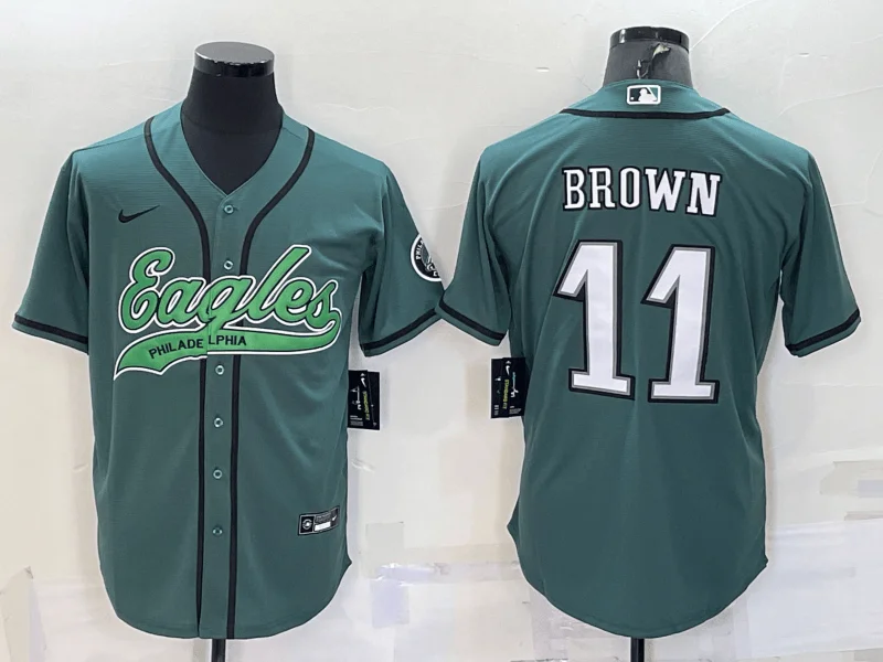 Baseball Jersey For Fan Apparel Customization-Men's Philadelphia Eagles #11 AJ Brown Green With Patch Cool Base Stitched Baseball Jersey