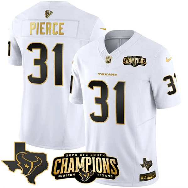 Football Jersey For Exclusive Custom Fan Gear-Men's Houston Texans #31 Dameon Pierce White Golden 2023 F.U.S.E. With AFC South Champions Patch And Team Logo Patch Limited Football Stitched Jersey