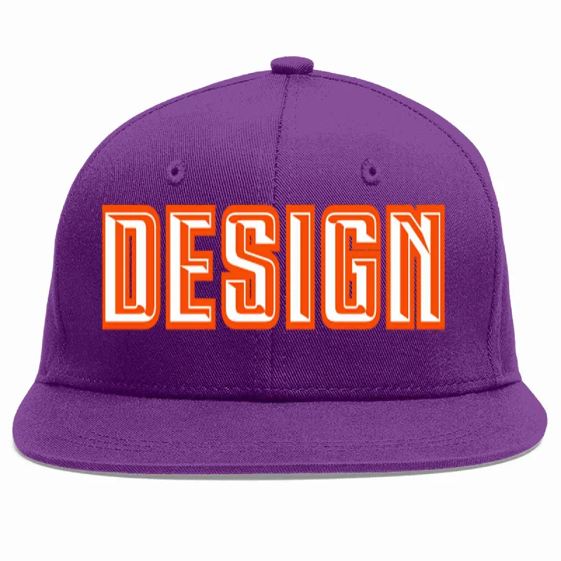 Baseball Cap For Personalized Game Day Gear-Custom Purple White-Orange Flat Eaves Sport Baseball Cap Design for Men/Women/Youth