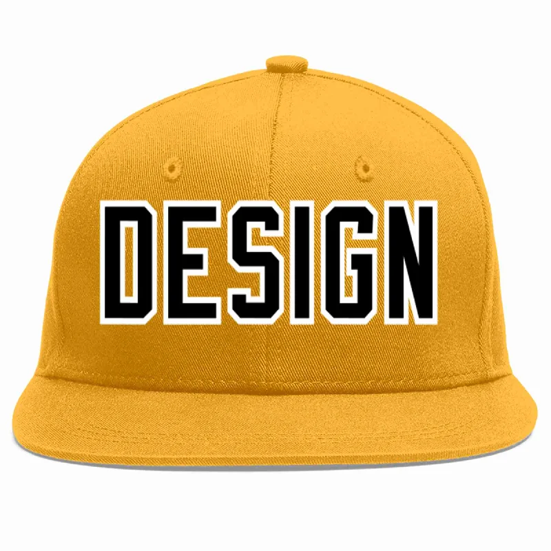 Baseball Cap For Tournament Teams-Custom Gold Black-White Flat Eaves Sport Baseball Cap Design for Men/Women/Youth