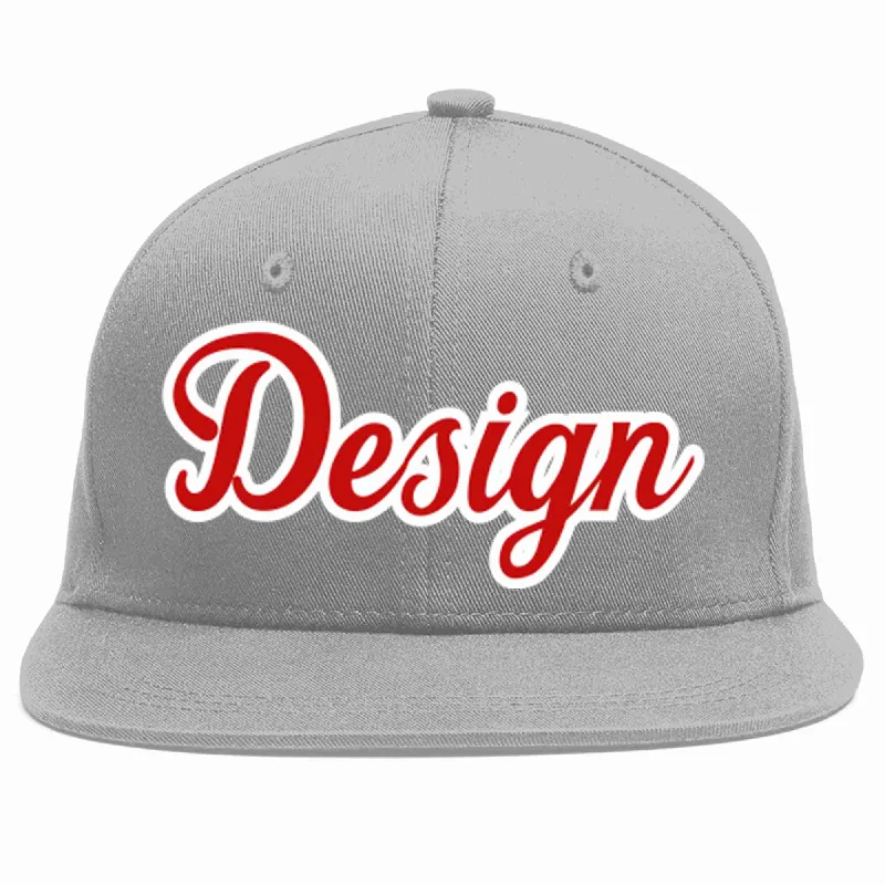 Baseball Cap For Official Sports Merchandise-Custom Gray Red-White Flat Eaves Sport Baseball Cap Design for Men/Women/Youth