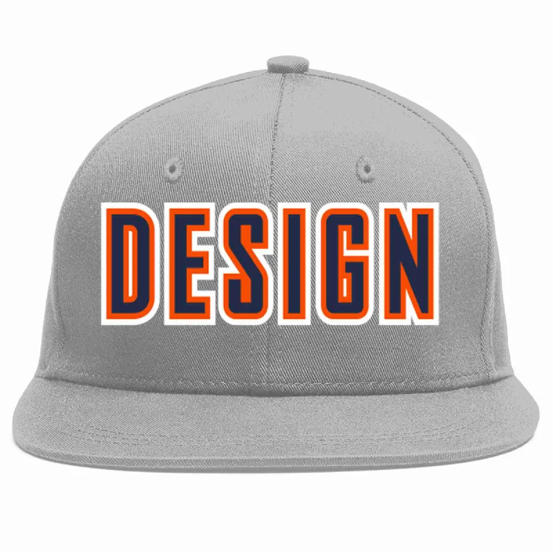 Baseball Cap For Exclusive Fan Gear-Custom Gray Navy-Orange Flat Eaves Sport Baseball Cap Design for Men/Women/Youth