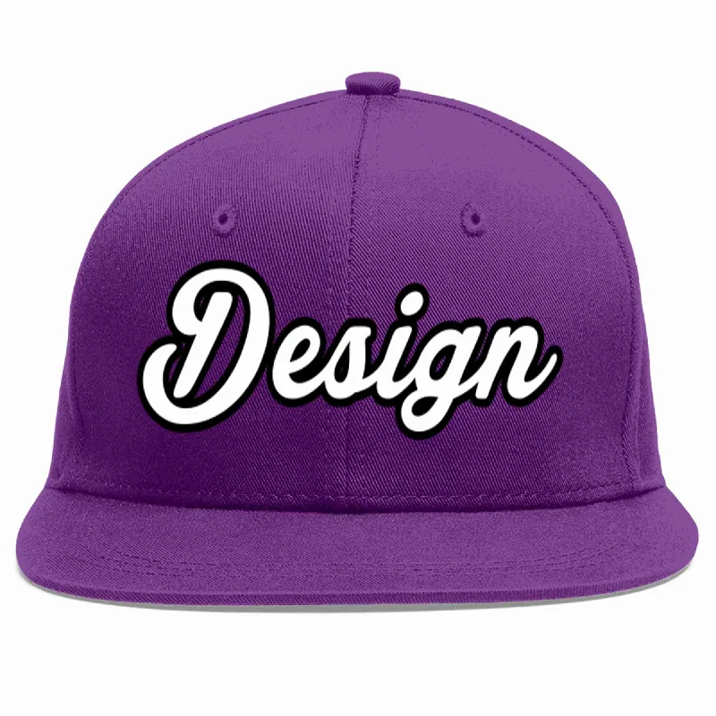 Baseball Cap With Custom Logo Embroidery-Custom Purple White-Black Flat Eaves Sport Baseball Cap Design for Men/Women/Youth