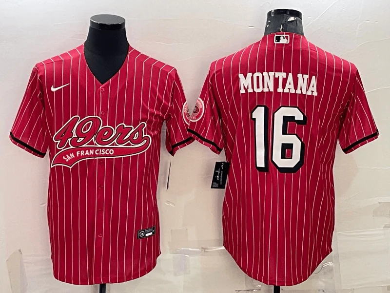 Baseball Jersey With Custom Player Numbers-Men's San Francisco 49ers #16 Joe Montana Red Pinstripe Color Rush With Patch Cool Base Stitched Baseball Jersey