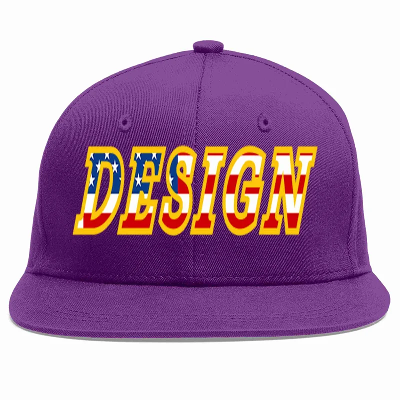 Baseball Cap For High School Teams-Custom Purple Vintage USA Flag-Gold Flat Eaves Sport Baseball Cap Design for Men/Women/Youth