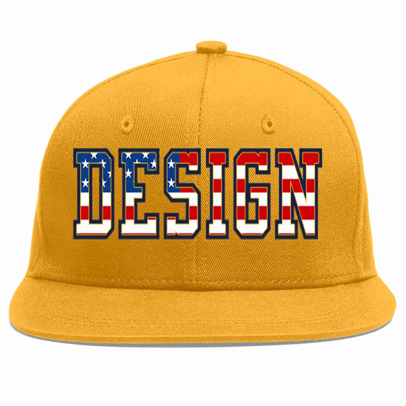 Baseball Cap For Personalized Gifts-Custom Gold Vintage USA Flag-Gold Flat Eaves Sport Baseball Cap Design for Men/Women/Youth