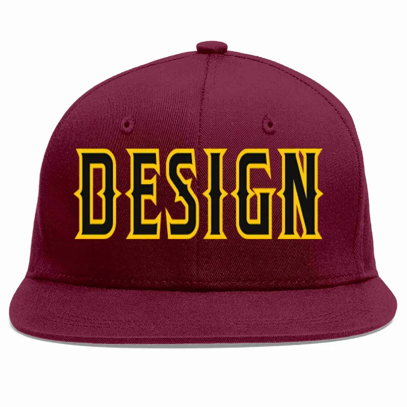 Baseball Cap With Unique Custom Features-Custom Crimson Black-Gold Flat Eaves Sport Baseball Cap Design for Men/Women/Youth