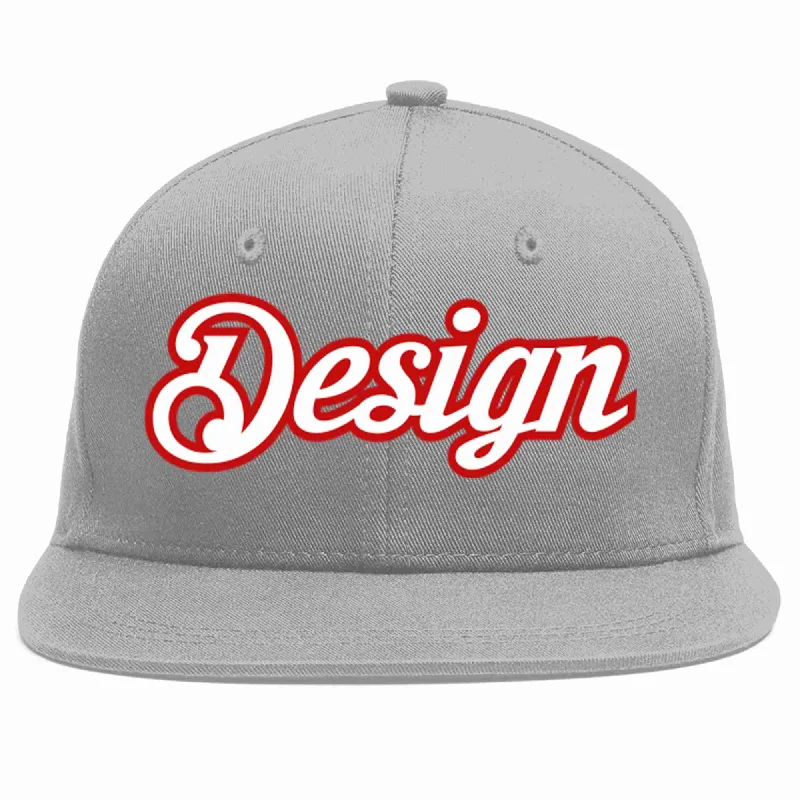 Baseball Cap With Personalized Fan Gear-Custom Gray White-Red Flat Eaves Sport Baseball Cap Design for Men/Women/Youth