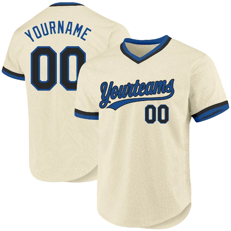 Baseball Jersey For Softball Player Gear-Custom Cream Black-Blue Authentic Throwback Baseball Jersey