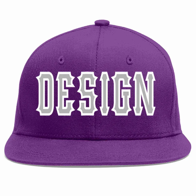 Baseball Cap For Custom Baseball Fan Apparel-Custom Purple Gray-White Flat Eaves Sport Baseball Cap Design for Men/Women/Youth