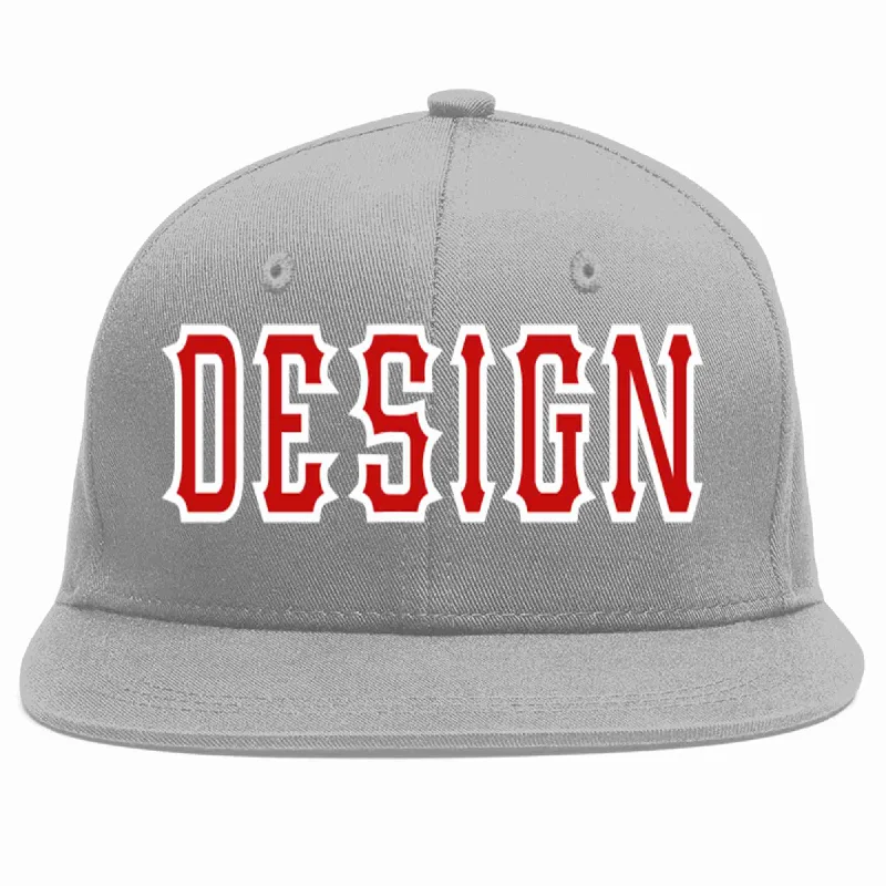 Baseball Cap For Personalized Sports Gear-Custom Gray Red-White Flat Eaves Sport Baseball Cap Design for Men/Women/Youth