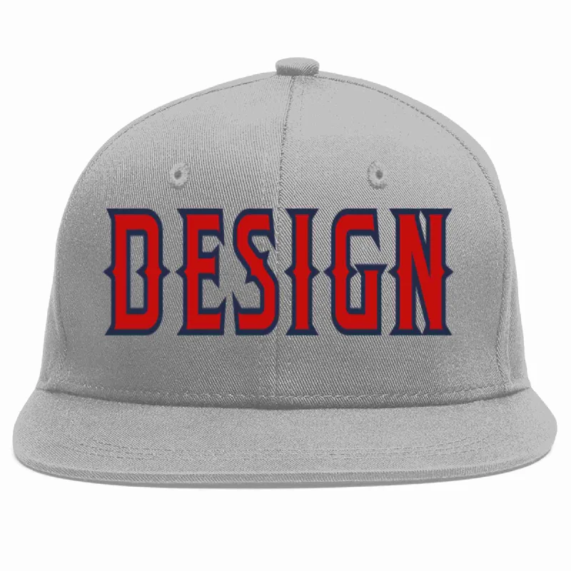 Baseball Cap For Official League Merchandise-Custom Gray Red-Navy Flat Eaves Sport Baseball Cap Design for Men/Women/Youth