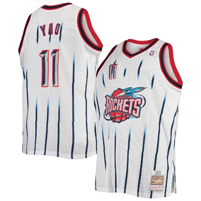 Basketball Jersey With Custom Embroidered Logos-Yao Ming Houston Rockets 2002/03 Big & Tall Hardwood Classics Swingman Basketball Jersey - White