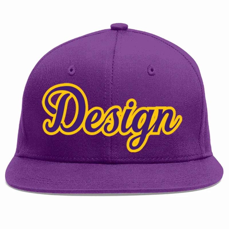 Baseball Cap For Outdoor Adventure Gear-Custom Purple purple-Gold Flat Eaves Sport Baseball Cap Design for Men/Women/Youth