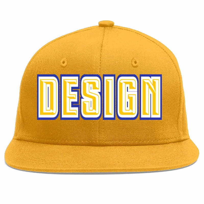 Baseball Cap For Personalized School Spirit-Custom Gold Gold-White Flat Eaves Sport Baseball Cap Design for Men/Women/Youth