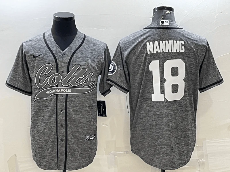 Baseball Jersey For Custom Player Gear-Men's Indianapolis Colts #18 Peyton Manning Grey Gridiron With Patch Cool Base Stitched Baseball Jersey