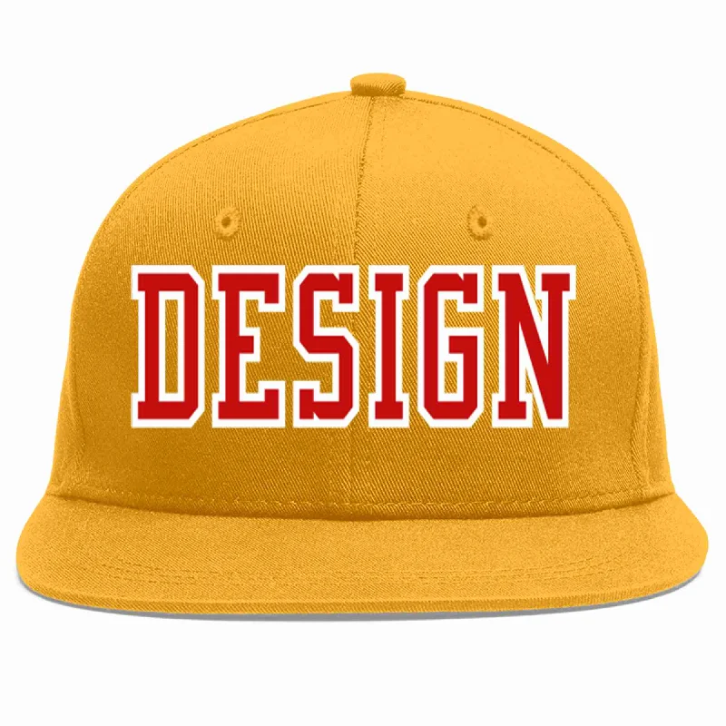 Baseball Cap For College Team Merchandise-Custom Gold Red-White Flat Eaves Sport Baseball Cap Design for Men/Women/Youth