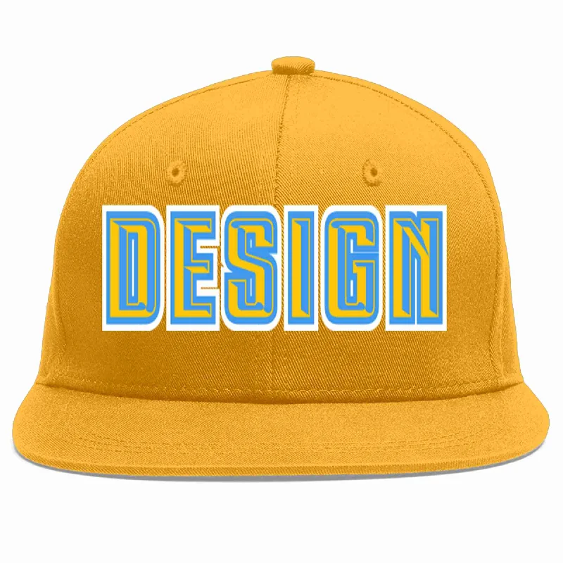 Baseball Cap For Custom Event Merchandise-Custom Gold Gold-Powder Blue Flat Eaves Sport Baseball Cap Design for Men/Women/Youth