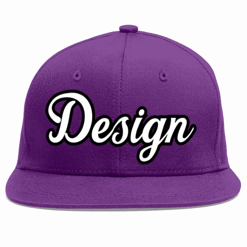 Baseball Cap With Team Name Customization-Custom Purple White-Black Flat Eaves Sport Baseball Cap Design for Men/Women/Youth