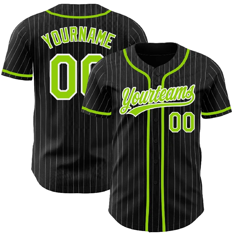 Baseball Jersey For Professional Fan Customization-Custom Black White Pinstripe Neon Green Authentic Baseball Jersey