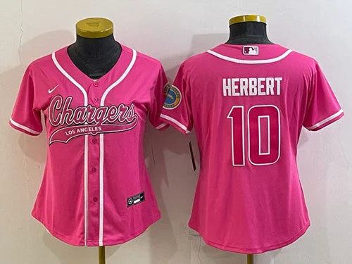 Baseball Jersey For Special Edition Fan Apparel-Women's Los Angeles Chargers #10 Justin Herbert Pink With Patch Cool Base Stitched Baseball Jersey(Run Small)