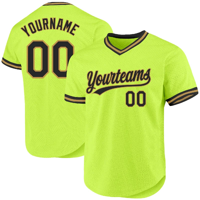 Baseball Jersey For Softball Fan Custom Gear-Custom Neon Green Black-Old Gold Authentic Throwback Baseball Jersey