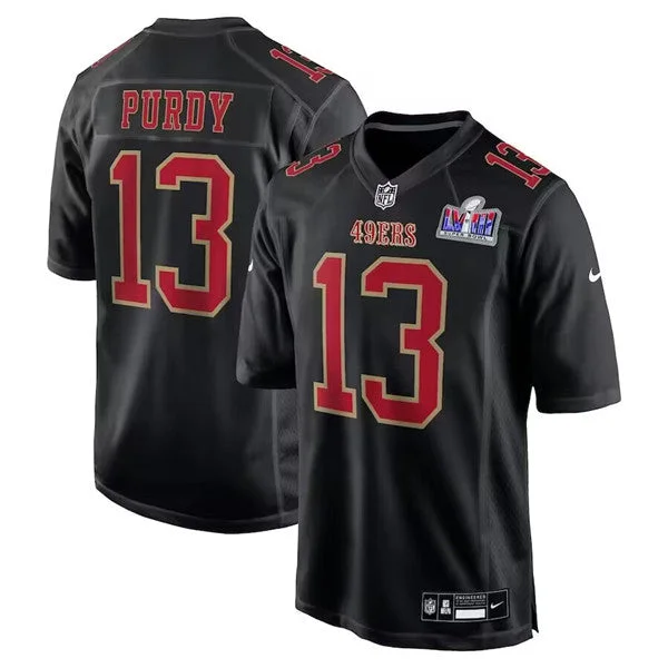 Football Jersey With Custom Logo-Men's San Francisco 49ers #13 Brock Purdy Black Super Bowl LVIII Patch Carbon Fashion Football Stitched Game Jersey