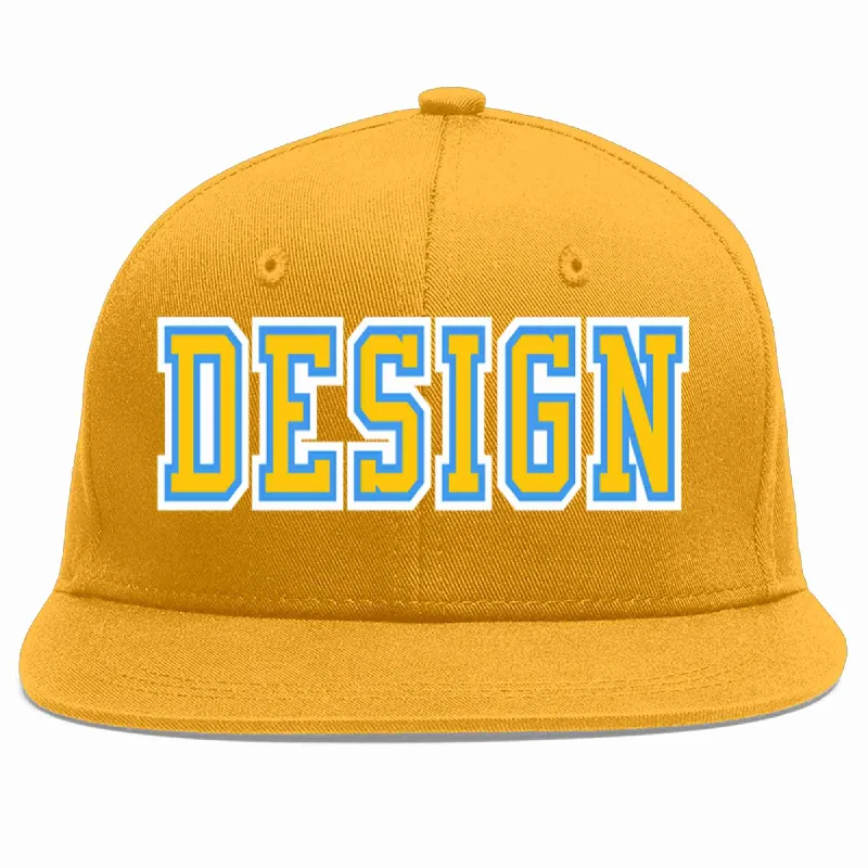 Baseball Cap With Personalized Embroidery-Custom Gold Gold-Powder Blue Flat Eaves Sport Baseball Cap Design for Men/Women/Youth