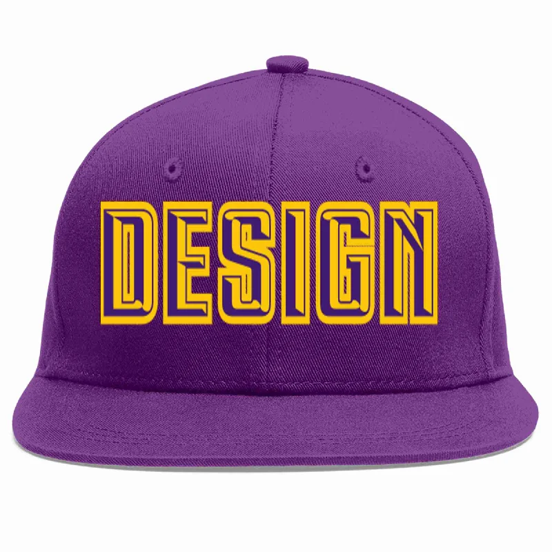 Baseball Cap For Softball And Baseball Events-Custom Purple purple-Gold Flat Eaves Sport Baseball Cap Design for Men/Women/Youth