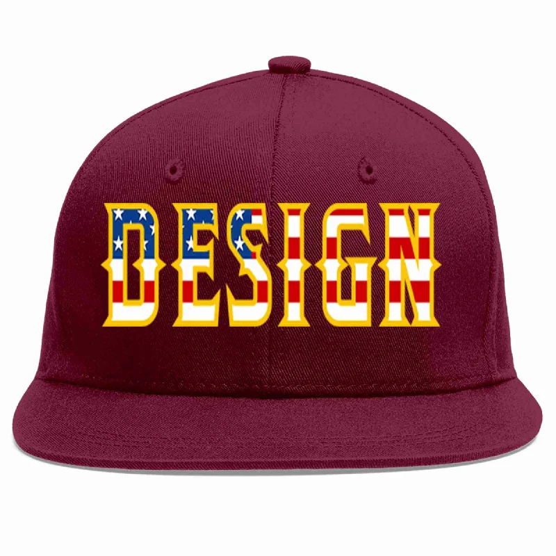 Baseball Cap For School Spirit Merchandise-Custom Crimson Vintage USA Flag-Gold Flat Eaves Sport Baseball Cap Design for Men/Women/Youth