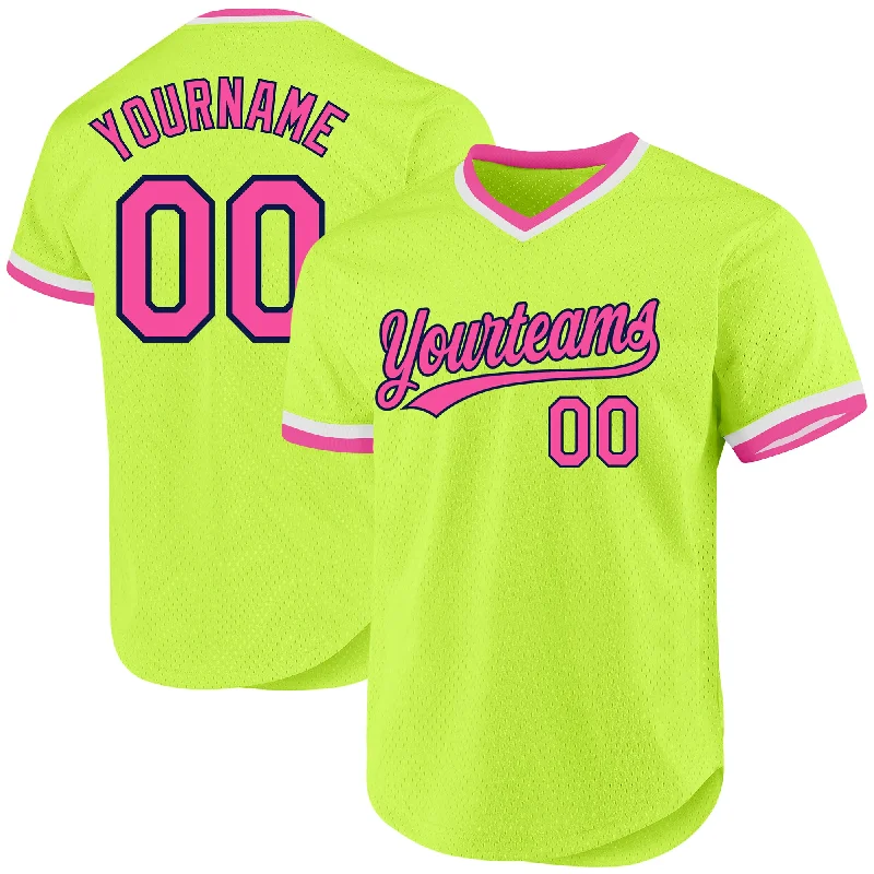 Baseball Jersey For Special Fan Custom Orders-Custom Neon Green Pink-Navy Authentic Throwback Baseball Jersey