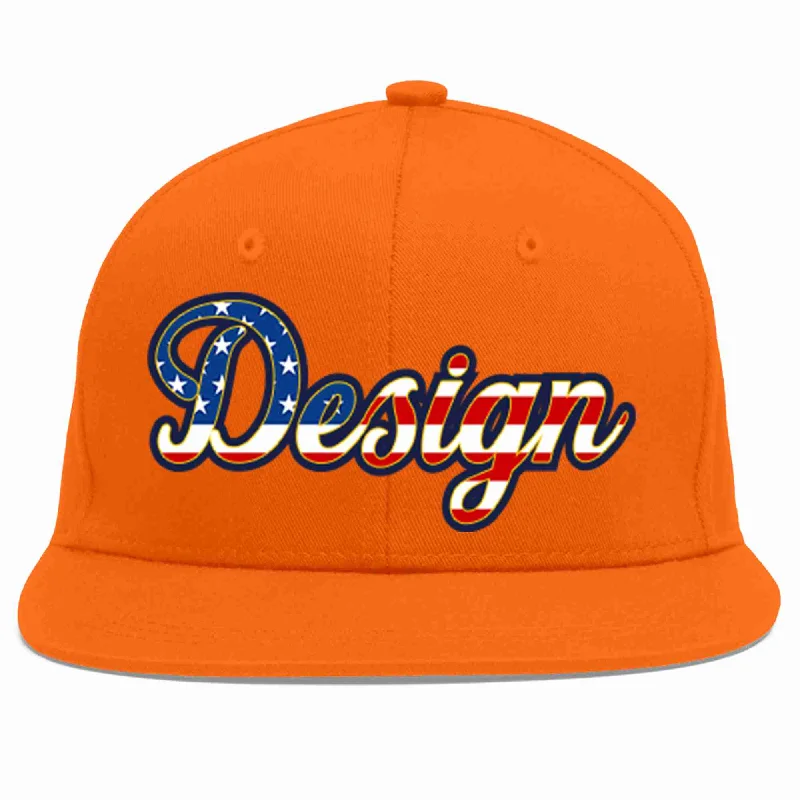 Baseball Cap With Custom Logo And Text-Custom Orange Vintage USA Flag-Gold Flat Eaves Sport Baseball Cap Design for Men/Women/Youth