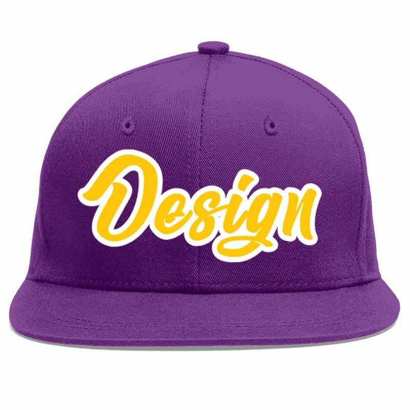 Baseball Cap For Custom Embroidered Team Names-Custom Purple Gold-White Flat Eaves Sport Baseball Cap Design for Men/Women/Youth