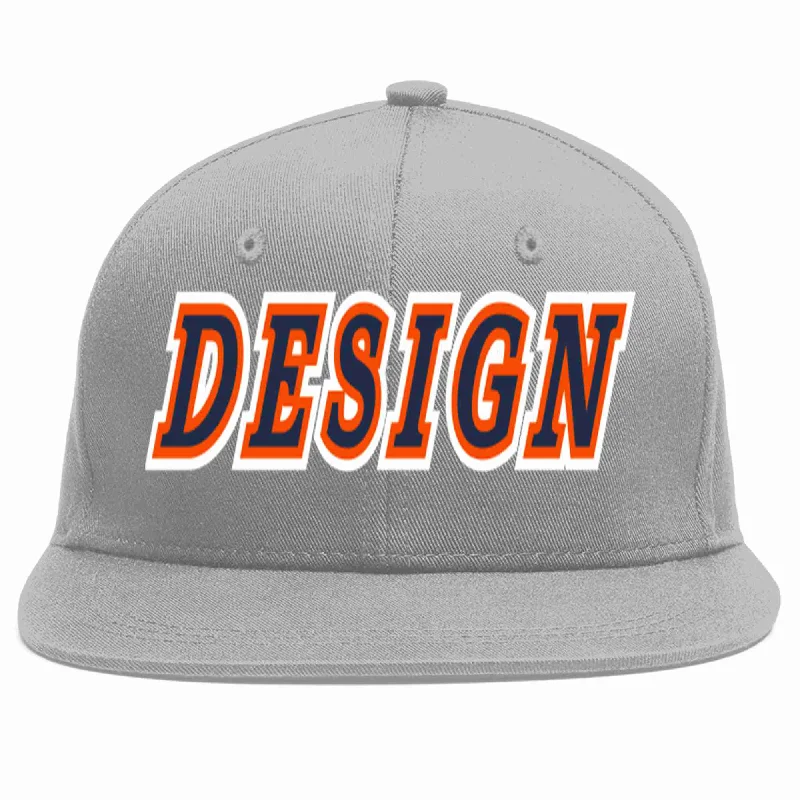 Baseball Cap With Player Number Customization-Custom Gray Navy-Orange Flat Eaves Sport Baseball Cap Design for Men/Women/Youth