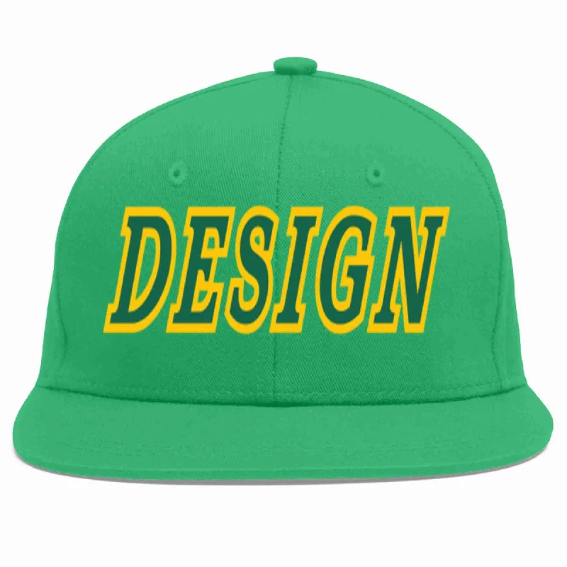 Baseball Cap For Group Fundraising-Custom Teal Kelly Green-Gold Flat Eaves Sport Baseball Cap