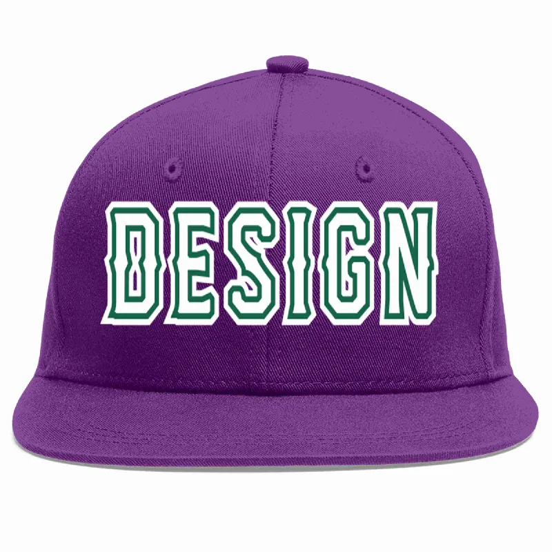 Baseball Cap For Tournament Merchandise-Custom Purple White-Kelly Green Flat Eaves Sport Baseball Cap Design for Men/Women/Youth