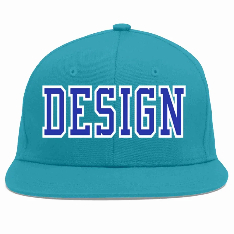 Baseball Cap With Team Logo-Custom Aqua Royal-White Flat Eaves Sport Baseball Cap Design for Men/Women/Youth