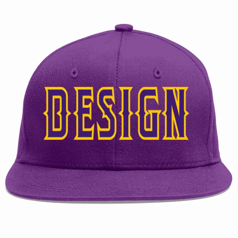 Baseball Cap For Summer Events-Custom Purple purple-Gold Flat Eaves Sport Baseball Cap Design for Men/Women/Youth