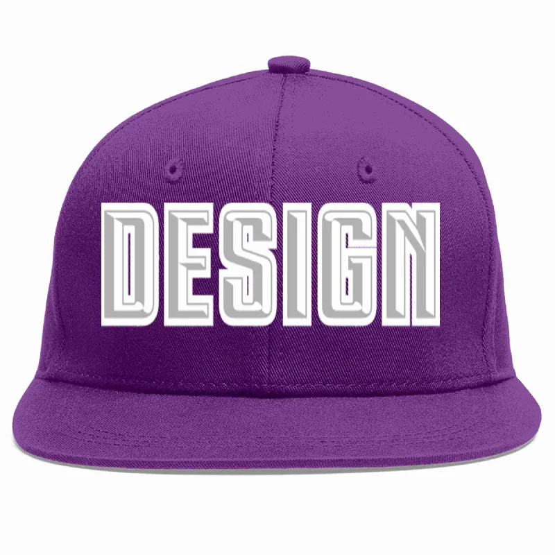 Baseball Cap For Game Day Team Gear-Custom Purple Gray-White Flat Eaves Sport Baseball Cap Design for Men/Women/Youth